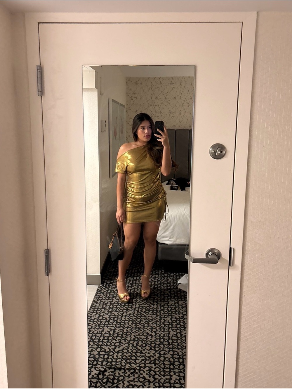 Metallic Gold One-Shoulder Ruched Mini Dress